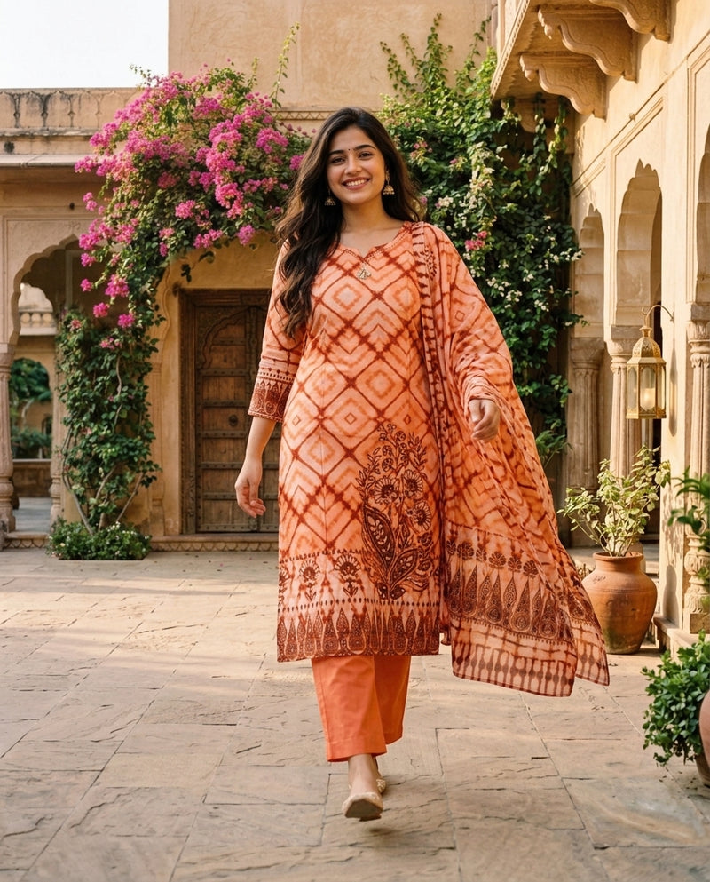 Peach Tie-Dye Printed Kurta Set with Dupatta and Trousers