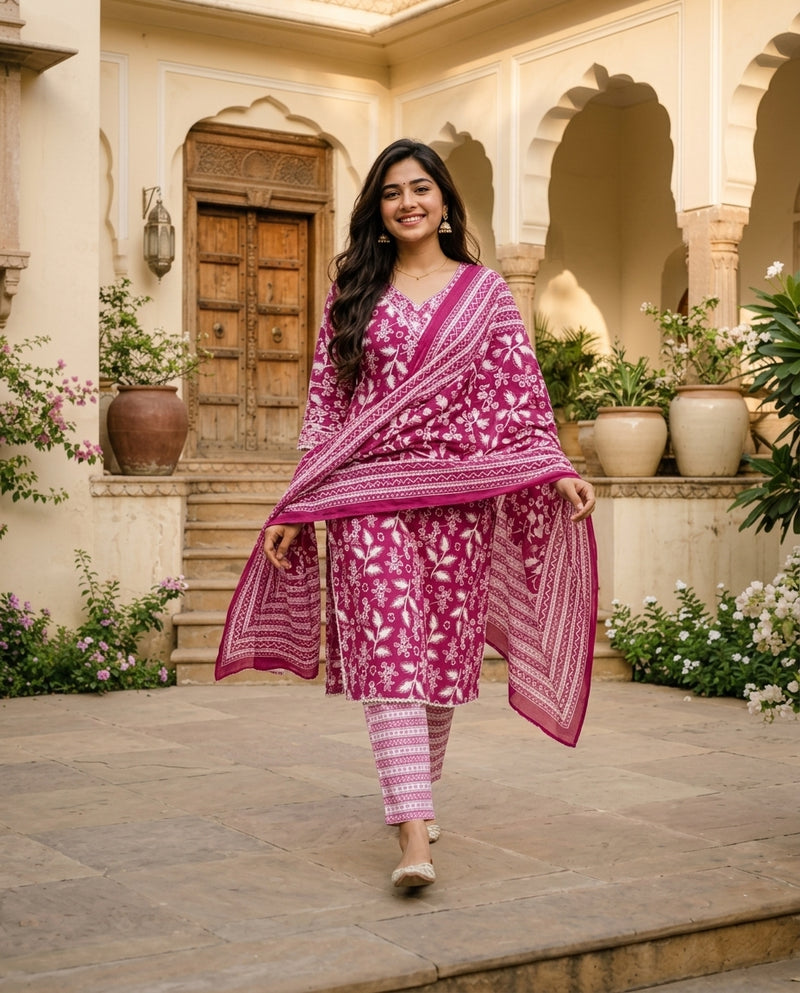 Magenta Floral Printed Kurta Set with Trousers and Dupatta