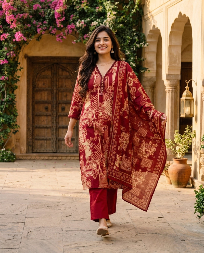 Maroon Printed V-Neck Kurta Set with Trousers and Dupatta