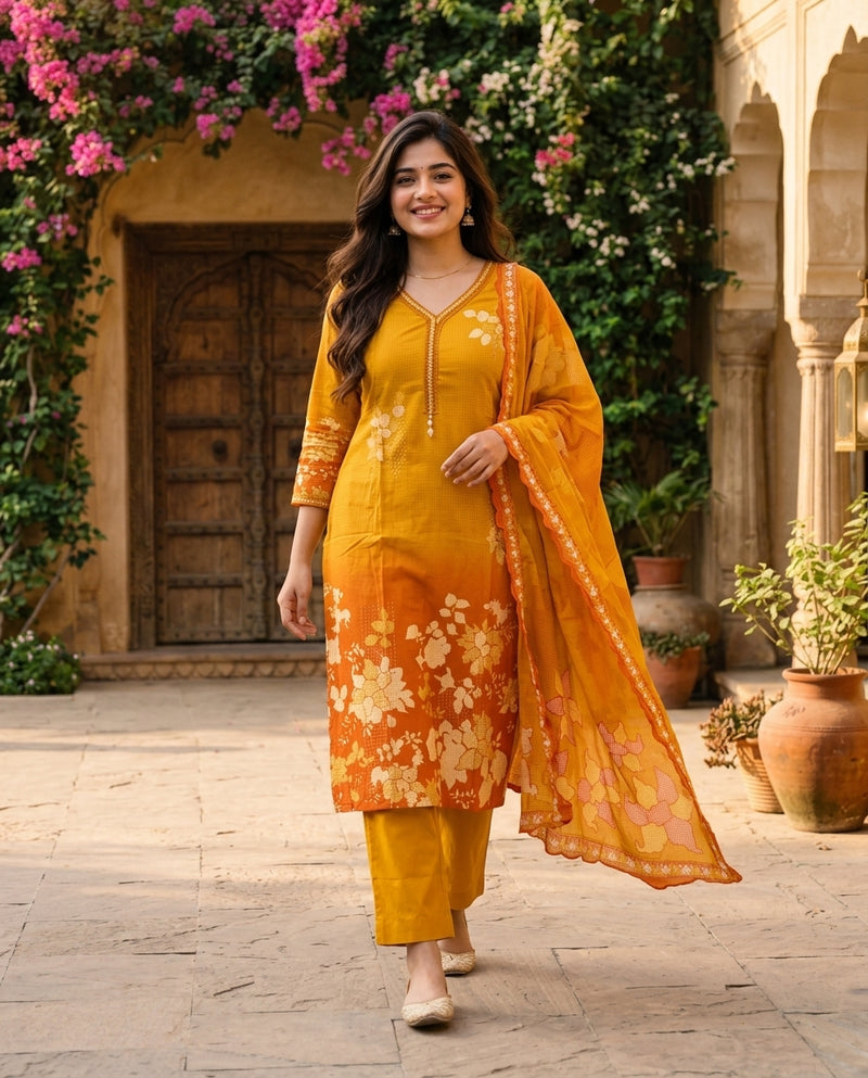 Mustard Yellow & Orange Ombre Printed Kurta Set