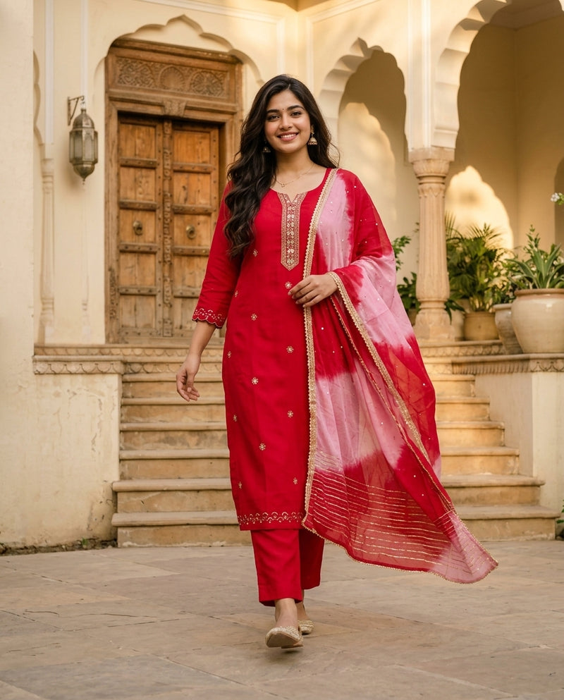 Red Embroidered Kurta Set with Leheriya Dupatta