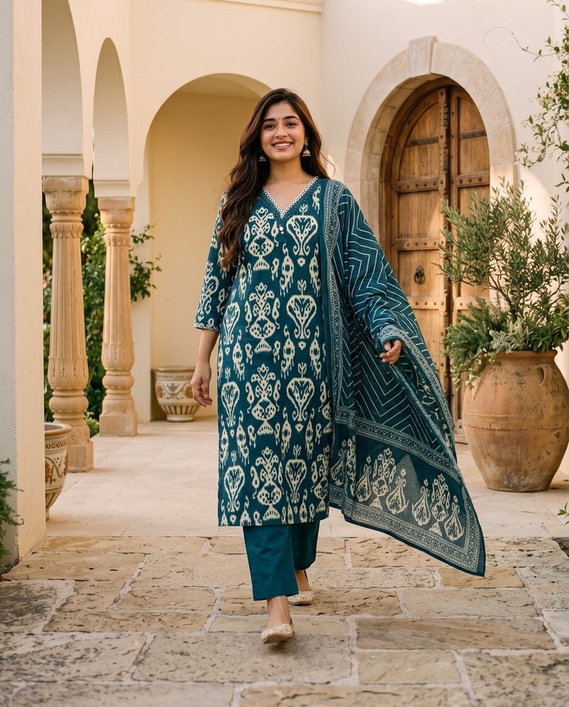 Teal Ikat Print Kurta Set with Dupatta