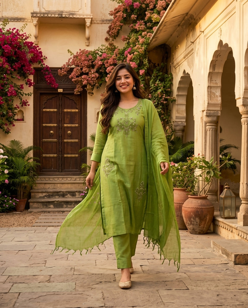 Green Embroidered Kurta Set with Trousers and Dupatta
