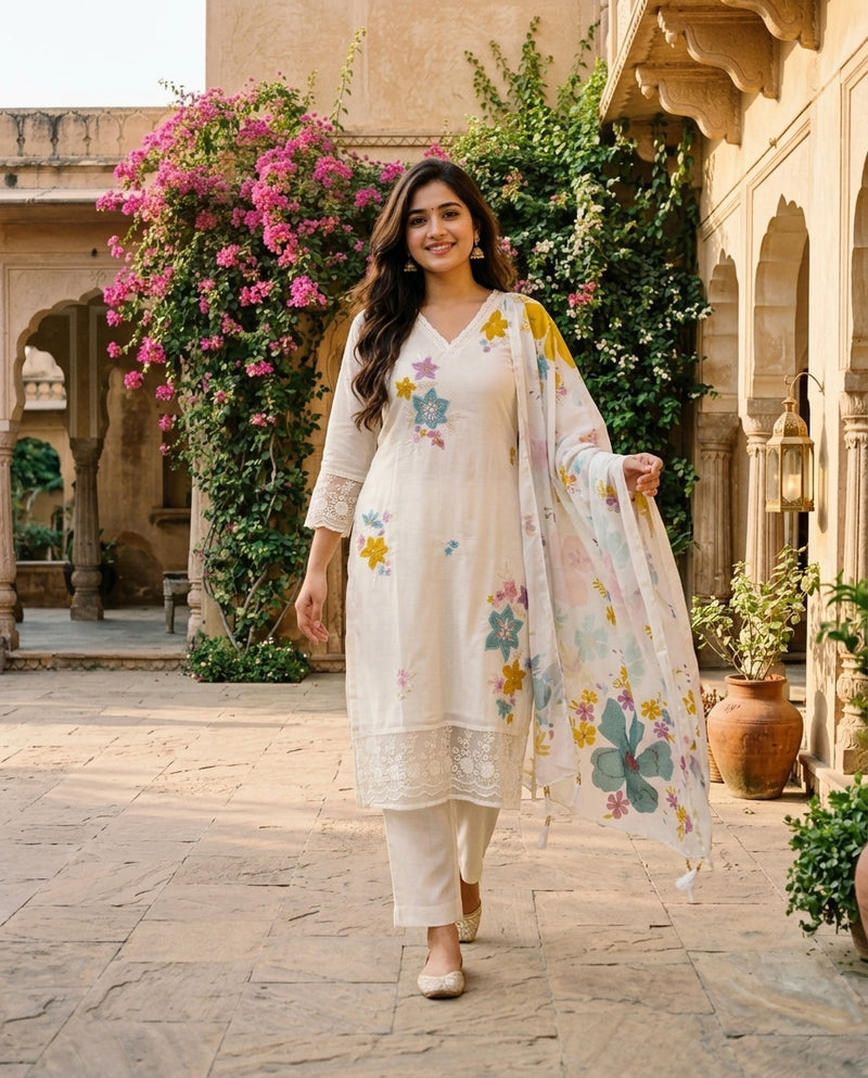 Off-White Floral Embroidered Kurta Set with Dupatta