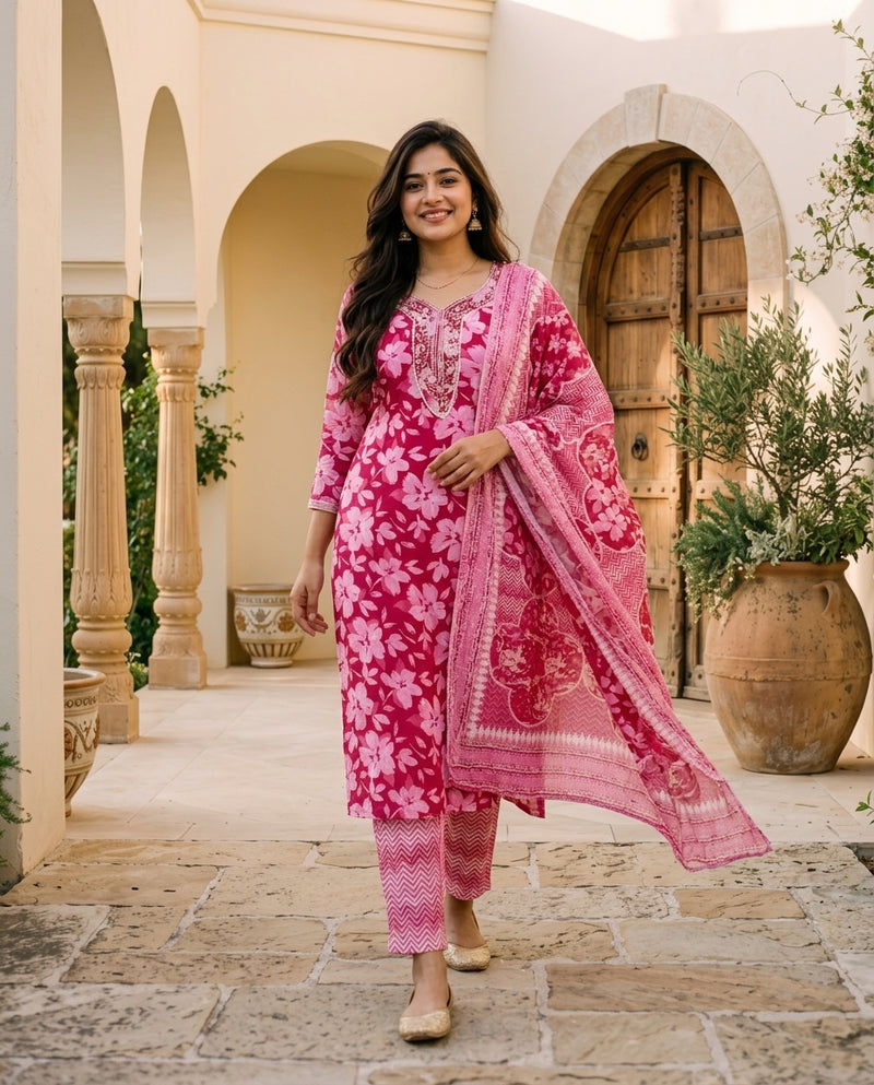 Pink Floral Printed Kurta Set with Sequined Neckline