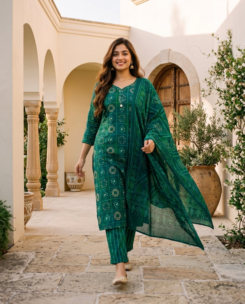 Teal and Green Bandhani Print Suit Set with Dupatta