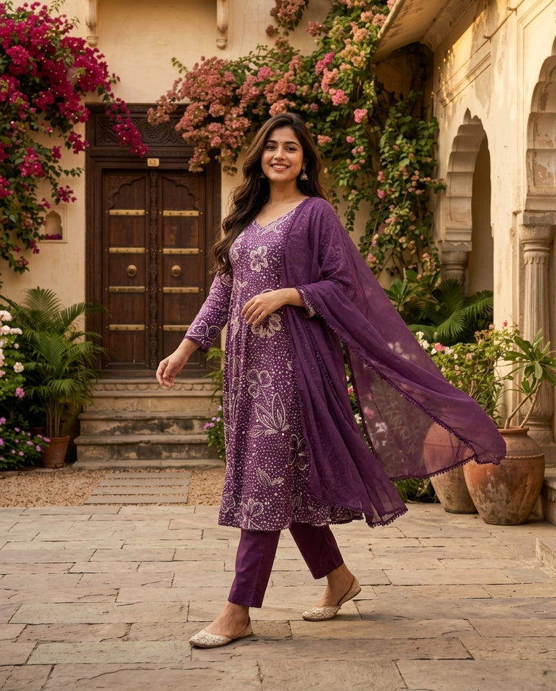 Purple Bandhani Print Flared Kurta Set with Dupatta