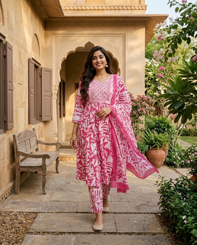 Pink Geometric Print Frock Suit Set with Embroidered Yoke