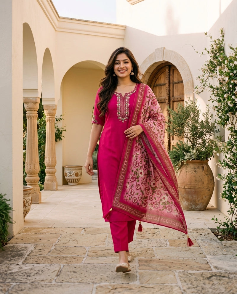 Magenta Embroidered Kurta Set with Printed Dupatta