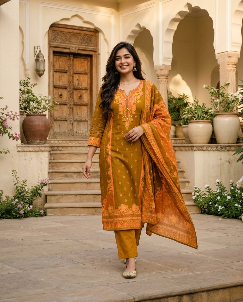 Mustard Yellow Printed Kurta Set with Dupatta
