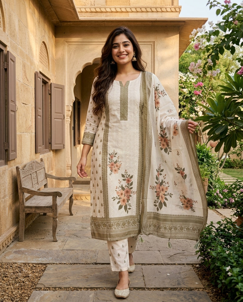 Off-White Printed Suit Set with Floral Accents
