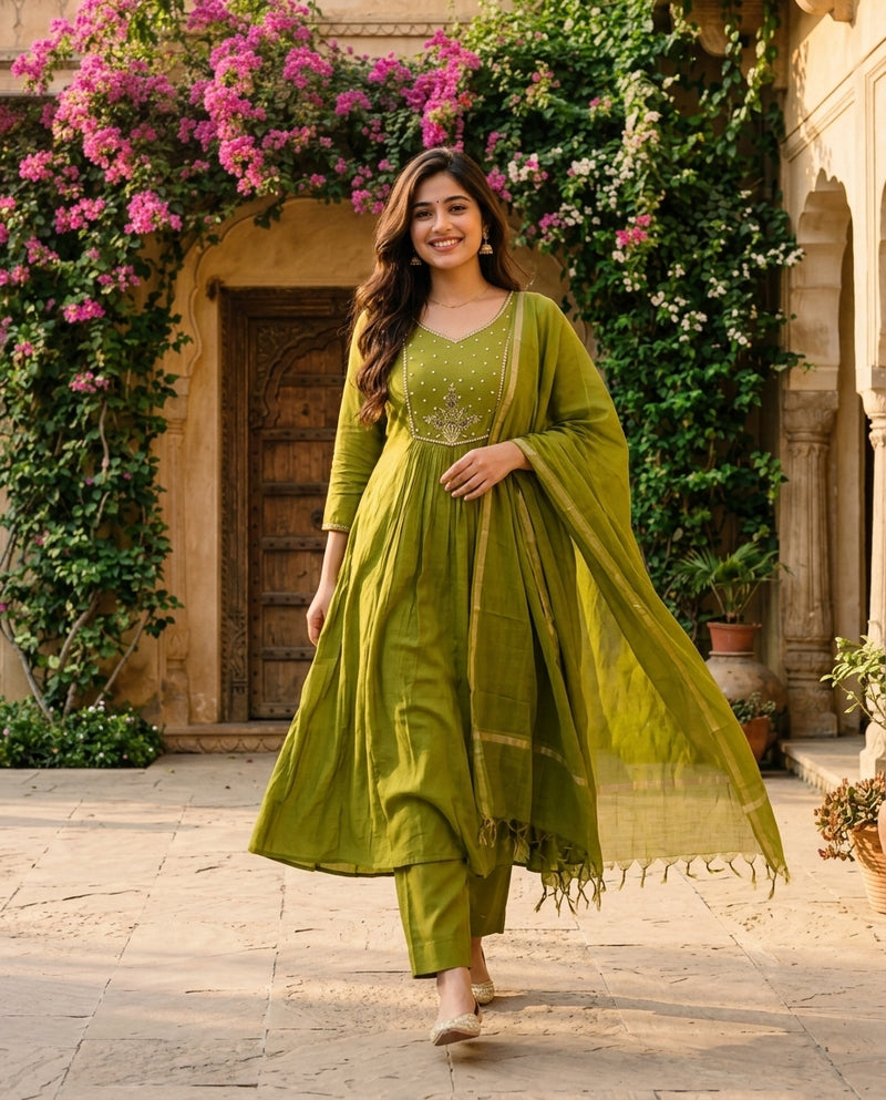 Olive Green Round Neck Embroidered Kurta Set