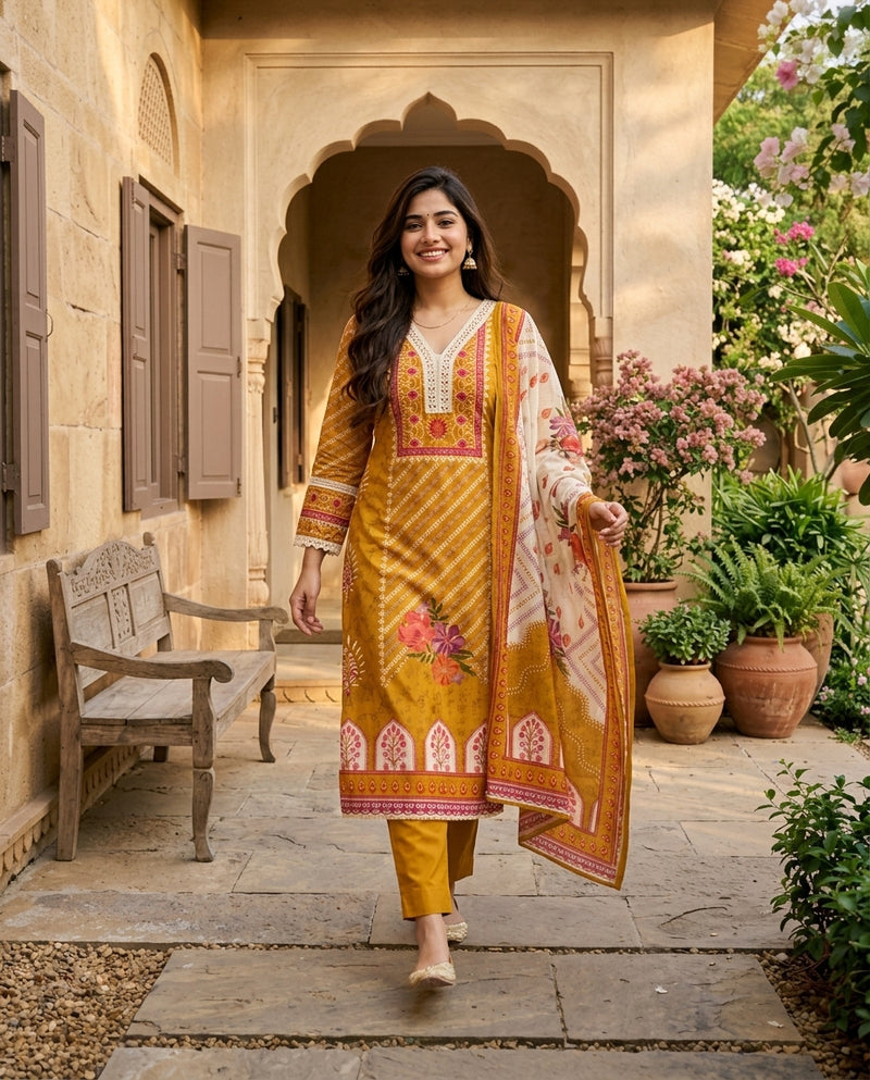 Mustard Yellow Floral Printed Suit Set with Lace Trim