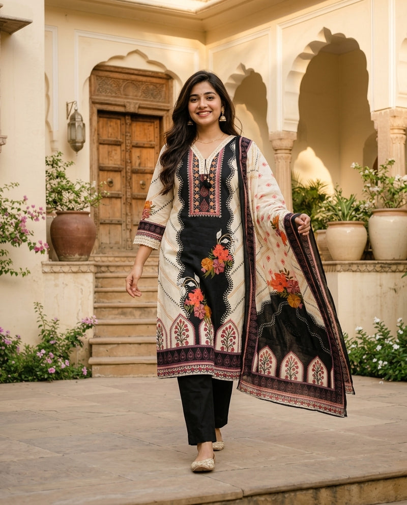 Off-White and Black Printed Suit Set with Dupatta