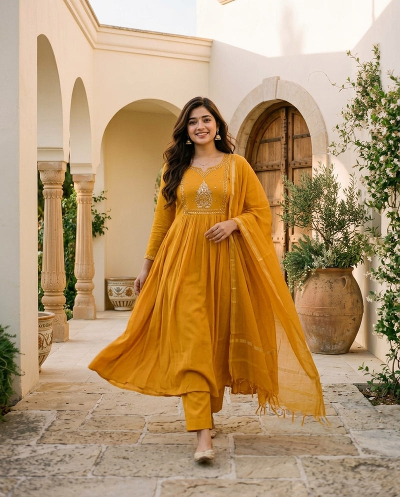 Mustard Yellow Anarkali Kurta Set with Embroidered Yoke