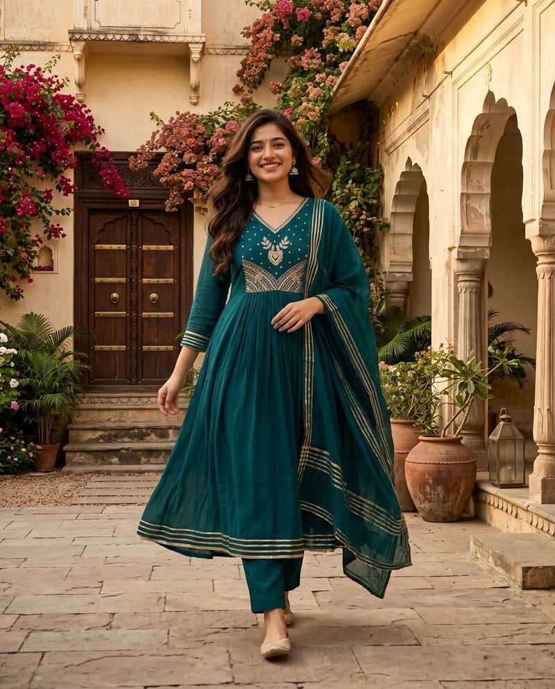 Teal and Gold Embroidered Ankle Length Frock Suit with Dupatta