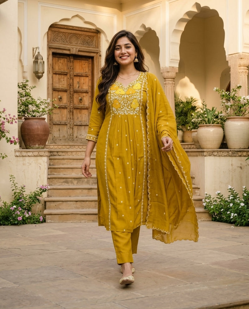 Mustard Yellow Embroidered V-Neck Kurta Set with Dupatta
