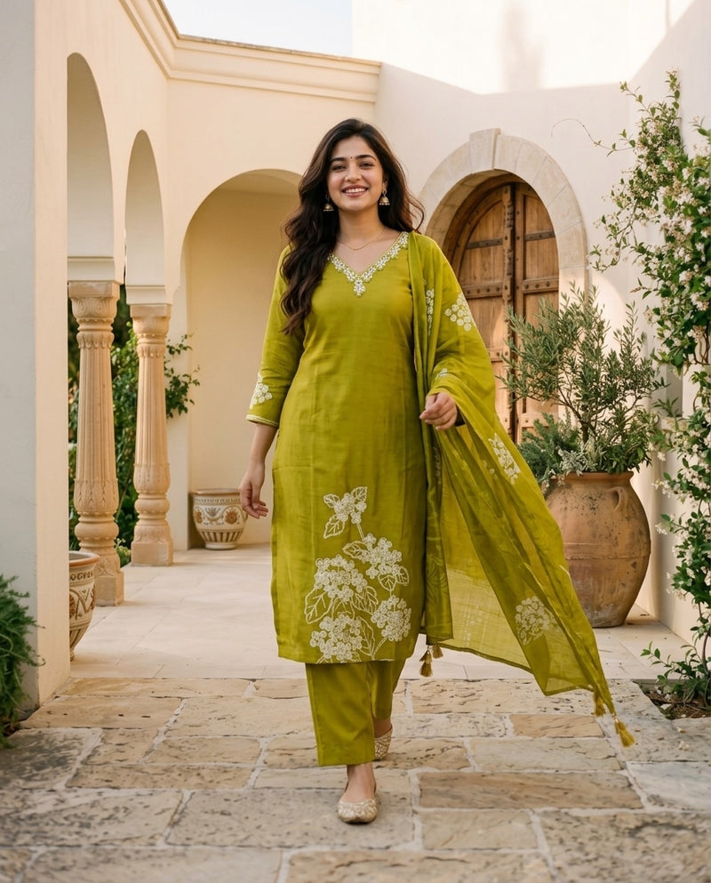 Olive Green Floral Embroidered Kurta Set with Dupatta
