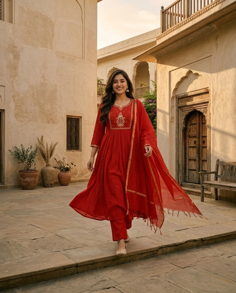 Red and Gold Anarkali Suit Set with Embroidered Yoke