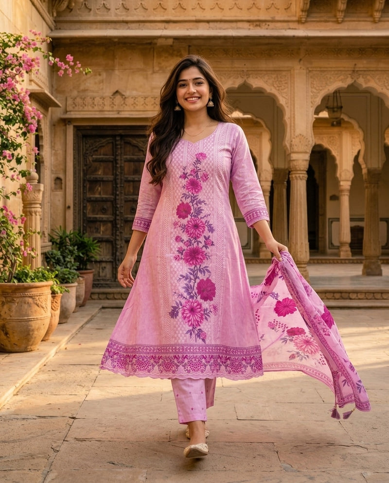 Pink and Magenta Printed Frock Suit with Dupatta
