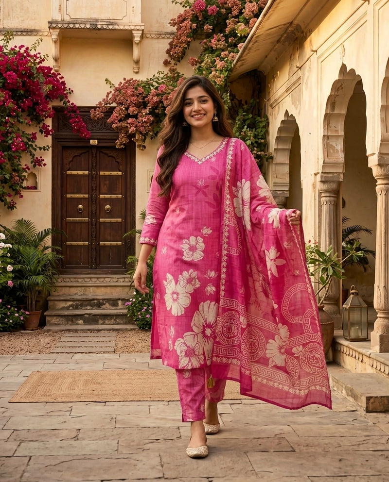 Bright Pink Floral Printed Kurta Set with Dupatta