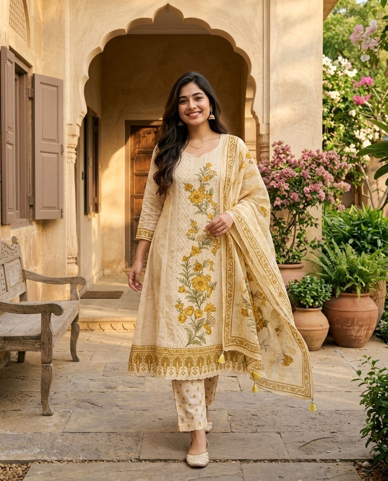 Cream & Mustard Floral Printed Round Neck Kurta Set with Dupatta