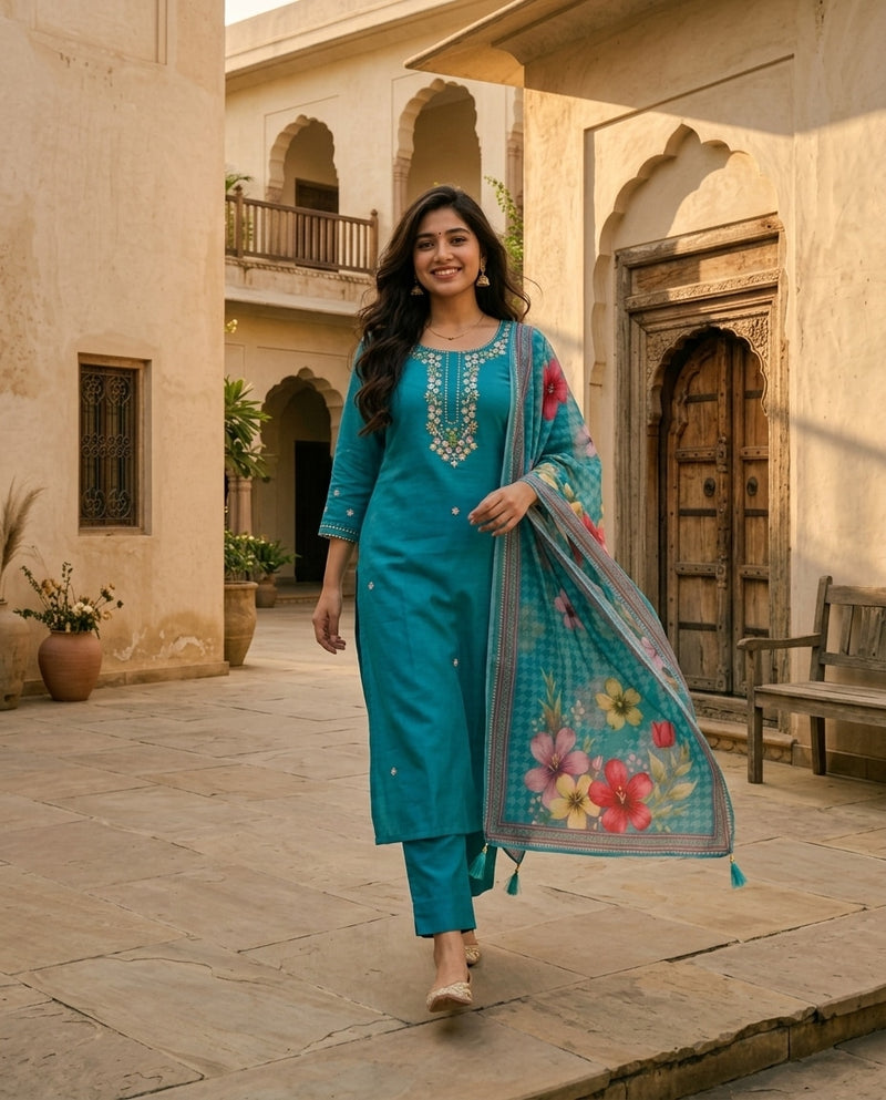 Teal Embroidered Round Neck Kurta Set with Printed Dupatta