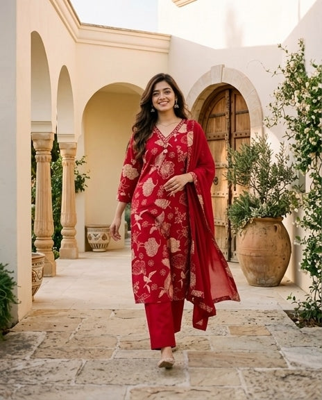 Red & Gold Floral Print Kurta Pant Set with Dupatta